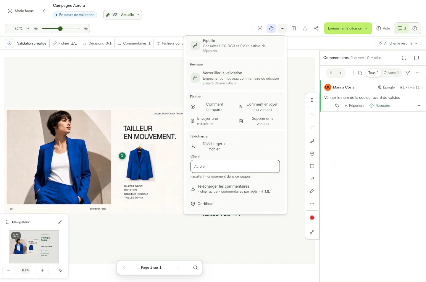 Dans Plus d’outils, indiquez le client et téléchargez les commentaires.