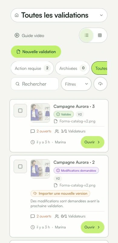 Sur mobile, suivez les statuts et ouvrez la révision depuis sa carte.