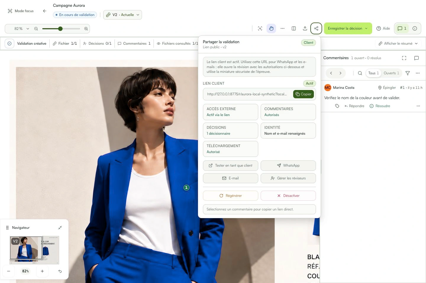 Le panneau affiche le lien et les autorisations du client.