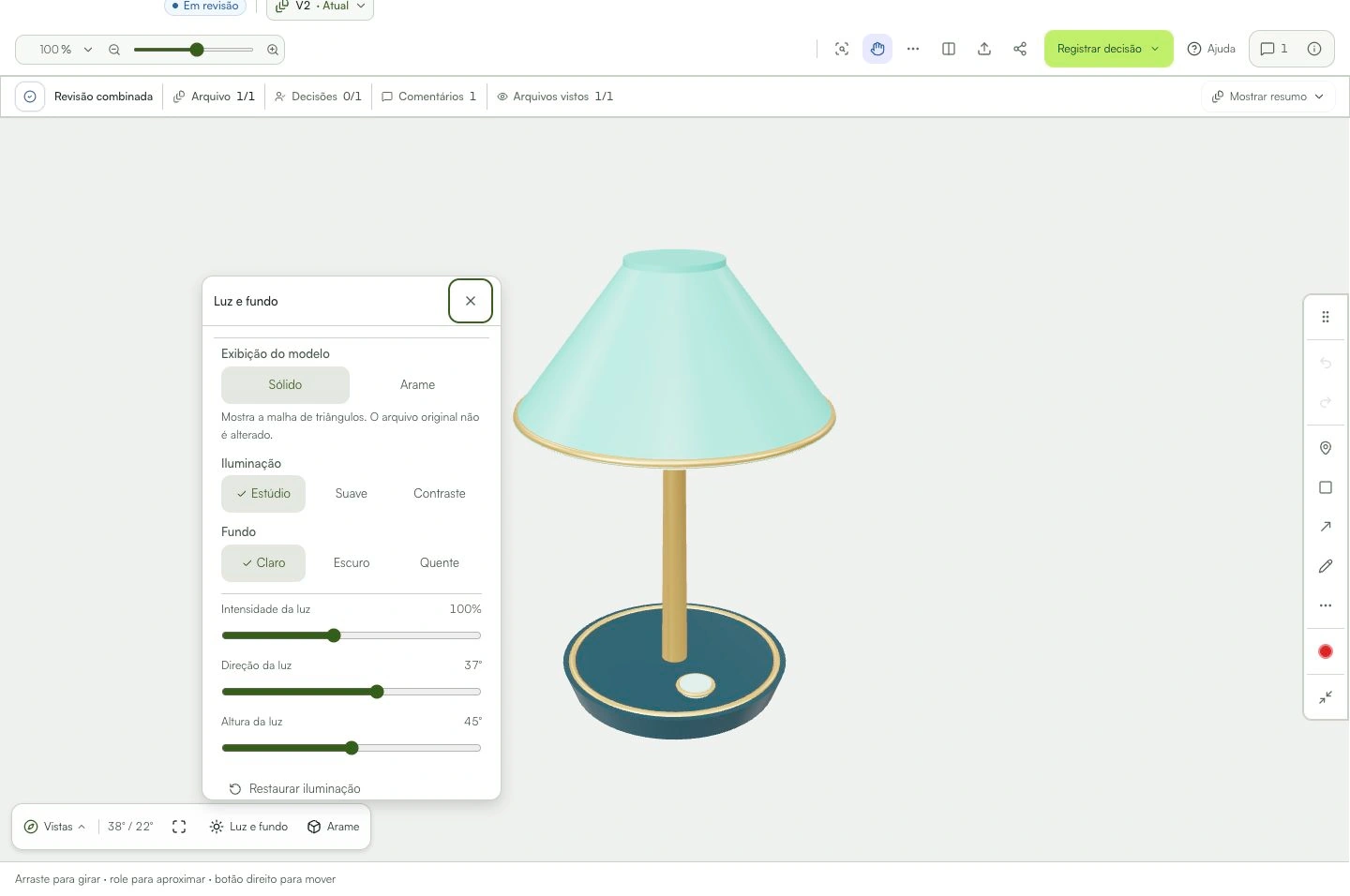 Luz, fundo e malha de triângulos ficam no mesmo painel.