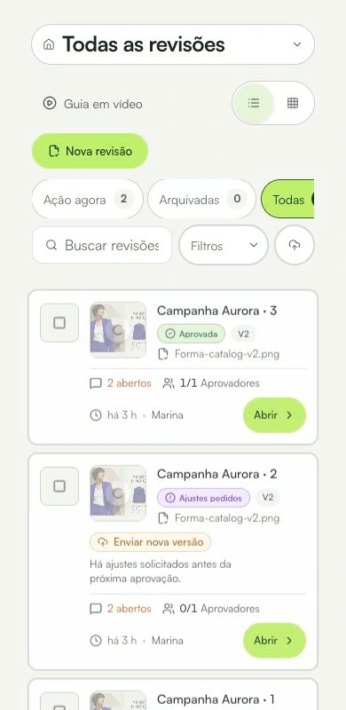 No celular, acompanhe os status e abra a revisão pelo card.