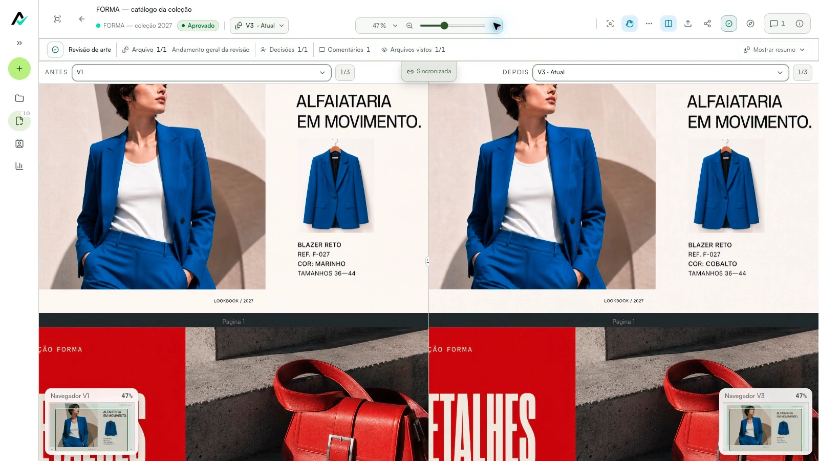 As versões do mesmo catálogo, abertas lado a lado no Aproova.