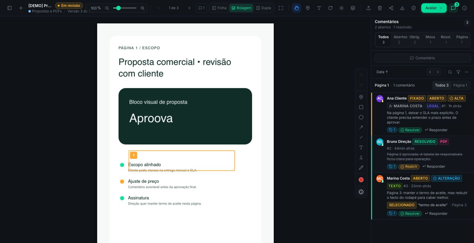 Écran Aproova avec un PDF ouvert et des commentaires associés aux pages