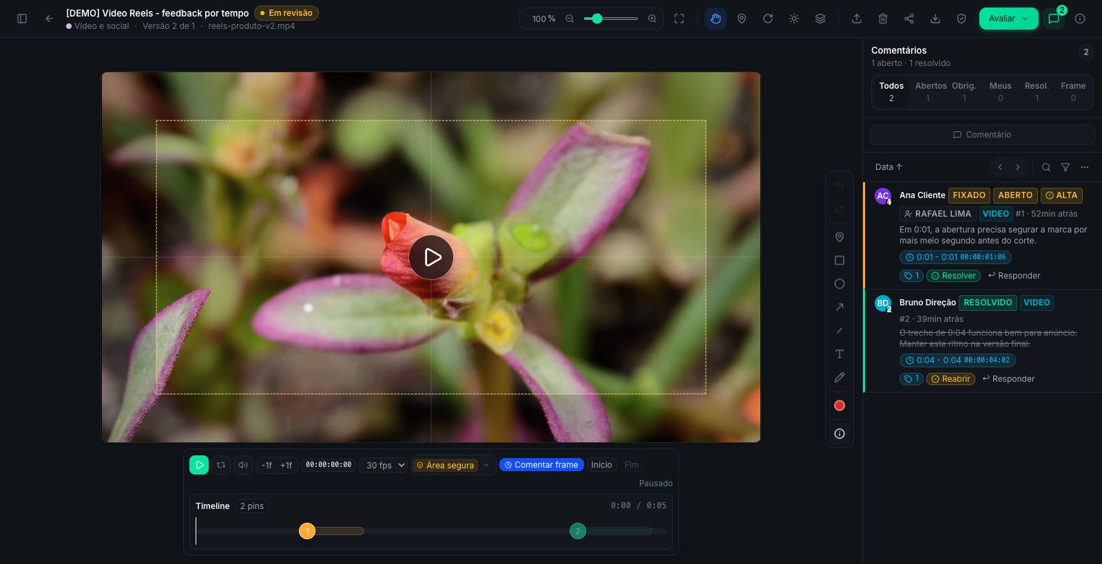 Écran Aproova montrant une révision vidéo et des commentaires sur le contenu