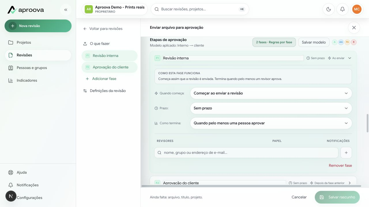 Configuração real das fases Revisão interna e Aprovação do cliente