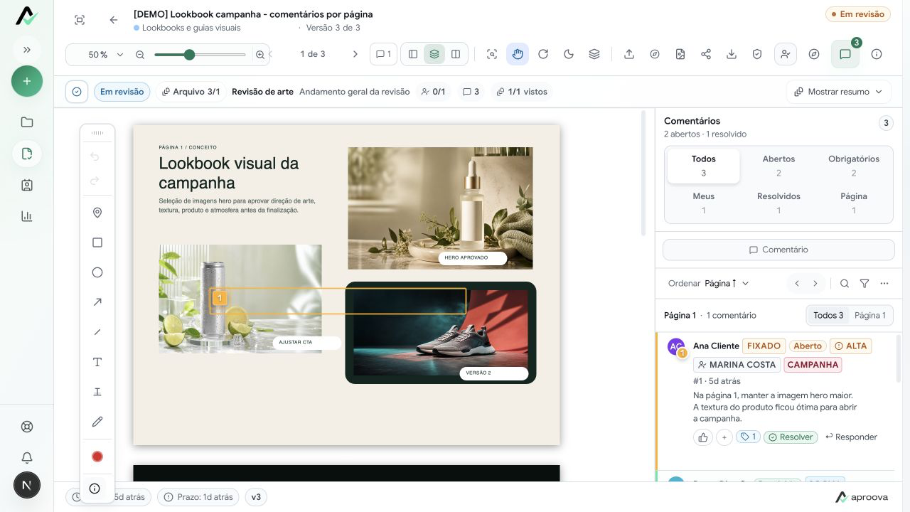 Viewer real do Aproova com arquivo, marcações e painel de comentários