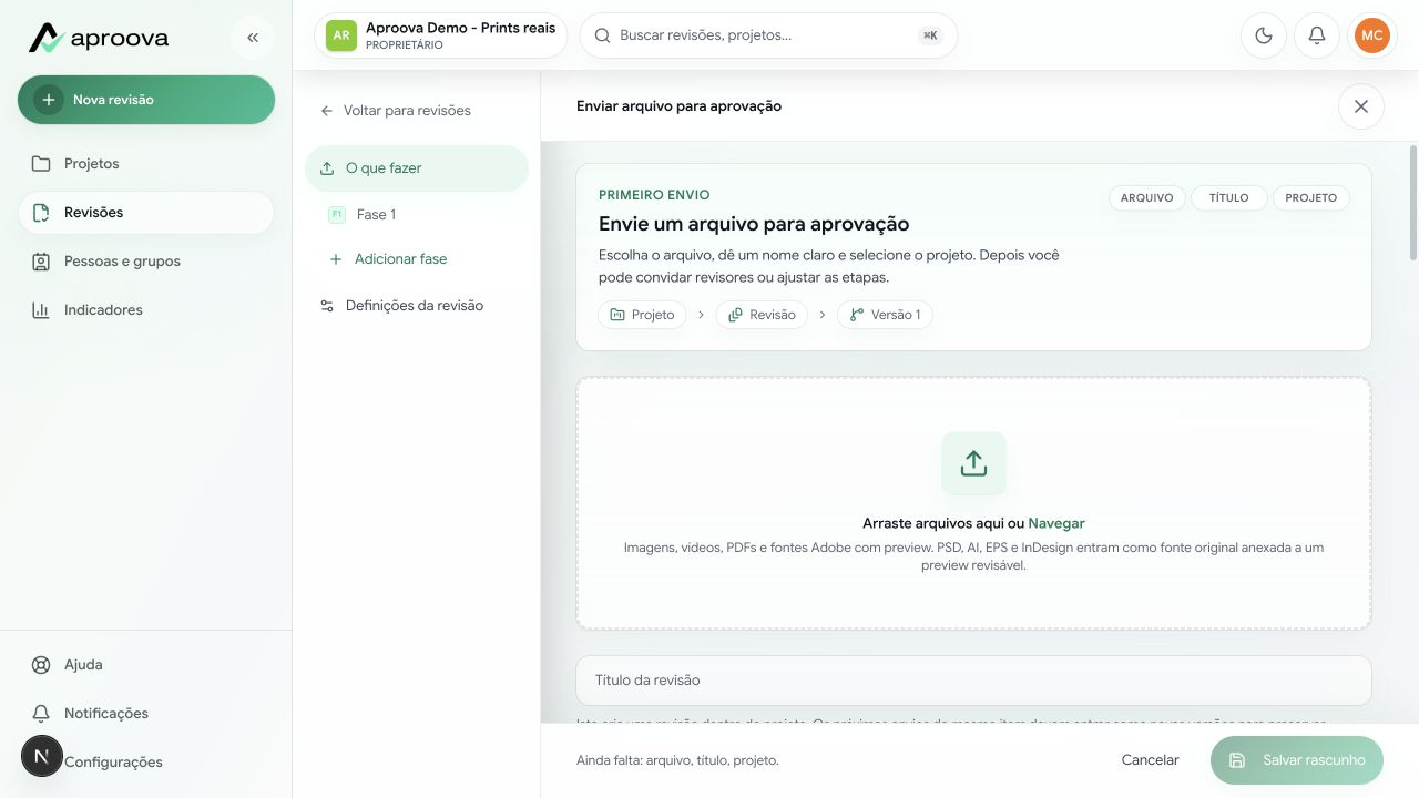 Tela real para criar uma nova revisão no Aproova