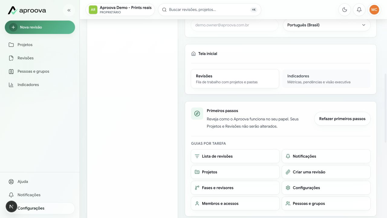 Configurações de perfil com Refazer primeiros passos e guias por tarefa