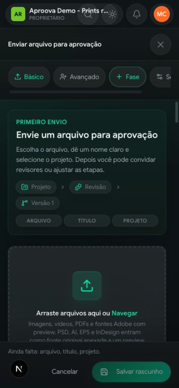 Tela móvel do fluxo de nova revisão no Aproova